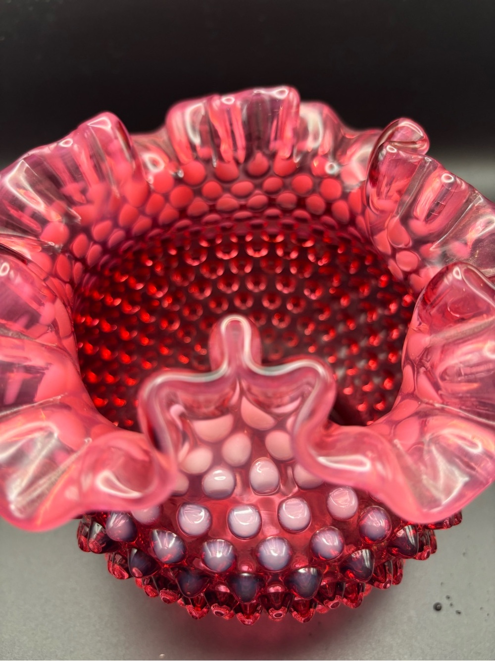 Venton Hobnail Ruffled Cranberry Glass Vase - Picture 11 of 16